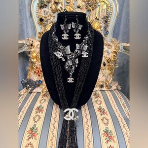 Elegant Silver and Black Butterfly Jewelry Set